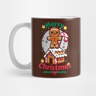 Gingerbread Man with Candy Cane on Gingerbread House. Mug